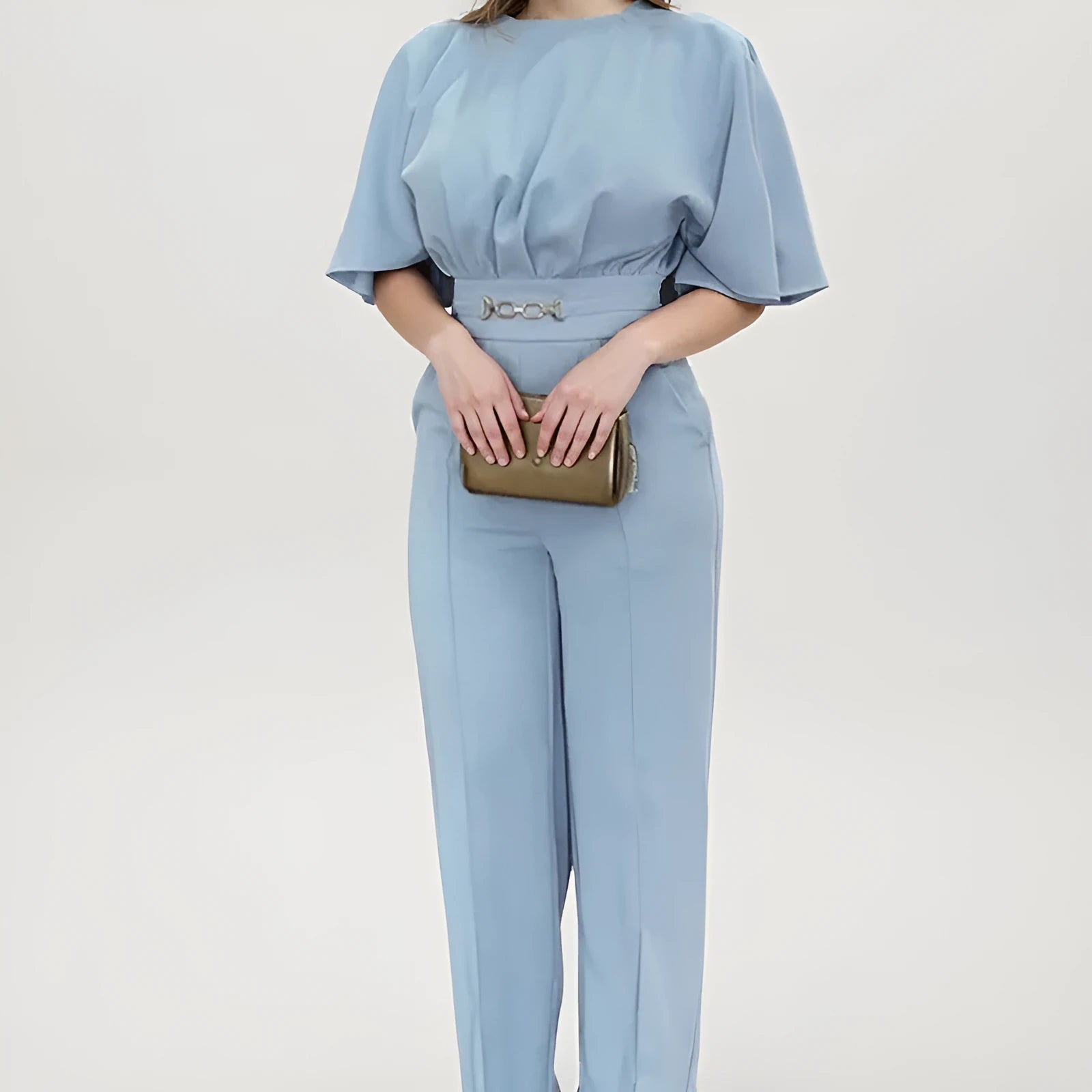 Blue polyester formal suit set with long-sleeve jacket and matching trousers in European American style