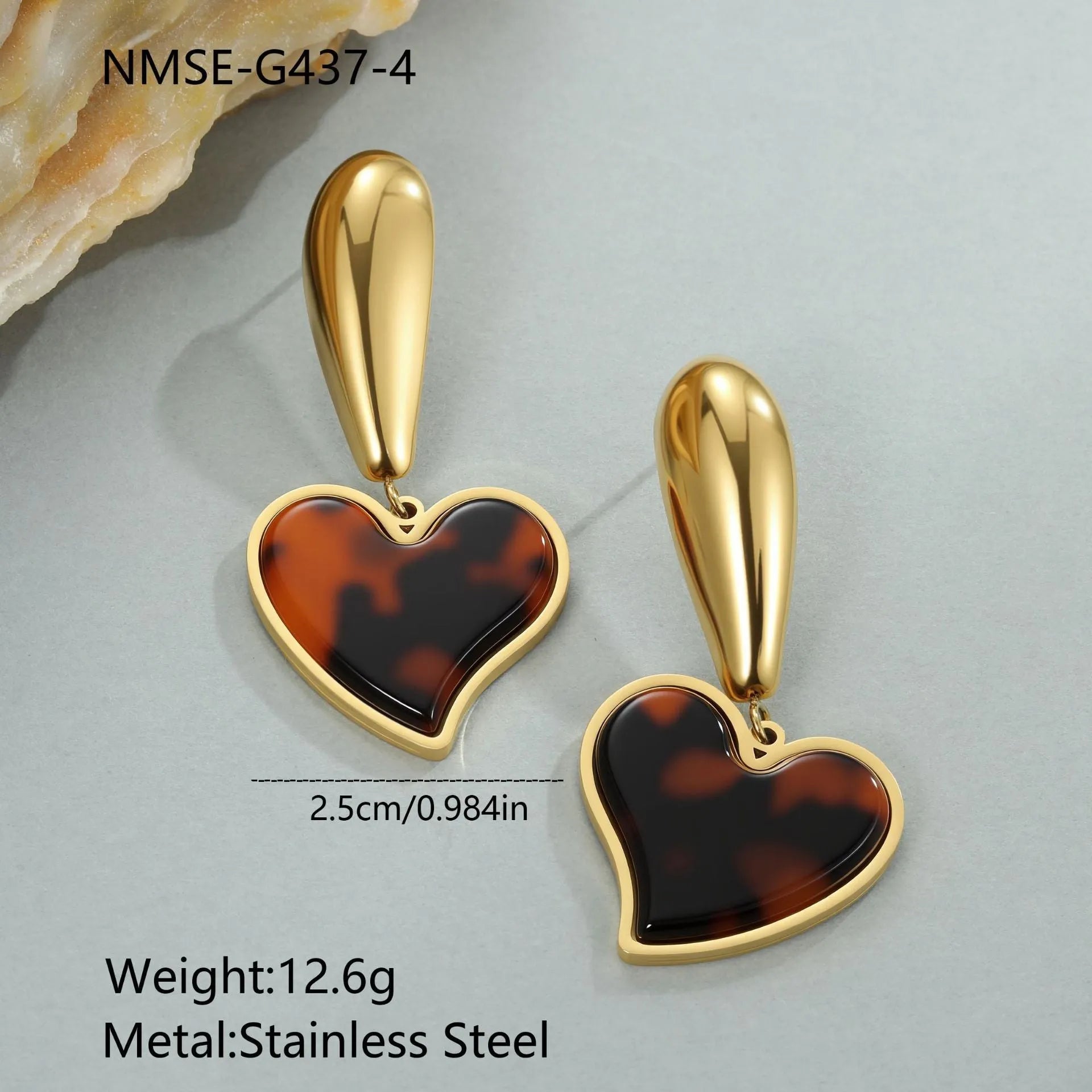 Women's tortoiseshell resin hawksbill colour earrings in heart and flower geometric designs on 18K electroplated stainless steel.