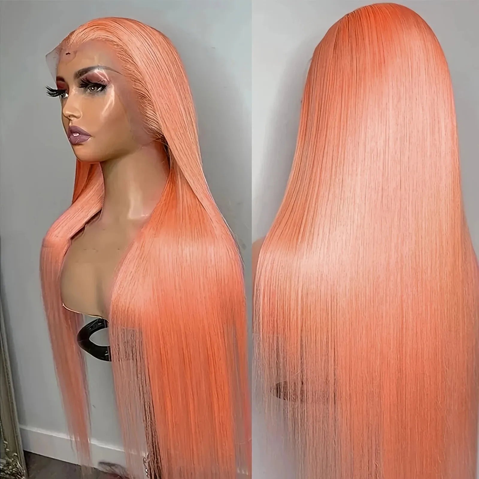 Light orange long straight front lace synthetic wig with side bangs on a mannequin head.