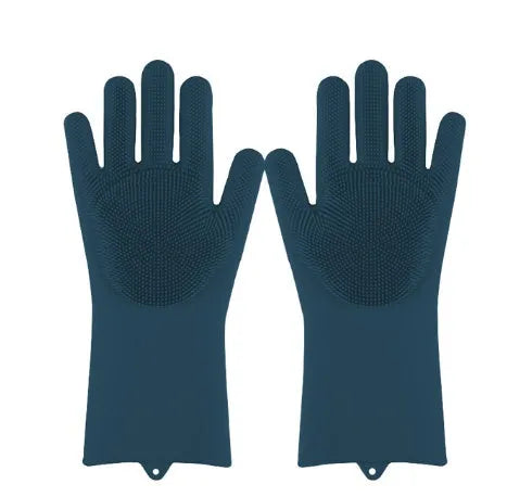 Blue silicone scrubbing gloves showing textured palm and finger surfaces for cleaning