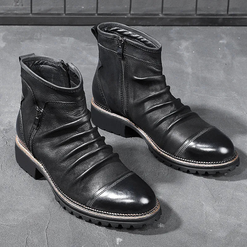 Black high-top cowboy-style Martin boots with a side zipper and a distinctive horseshoe-shaped heel