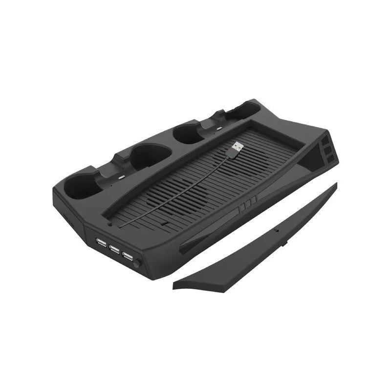 Black PS5 charging cooling fan base with two controller charging slots and USB HUBs