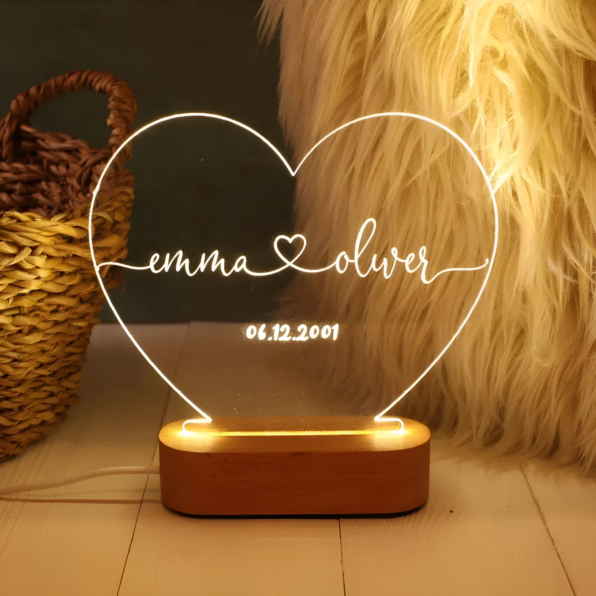 Transparent acrylic custom night light measuring 20cm by 11.5cm with personalised text