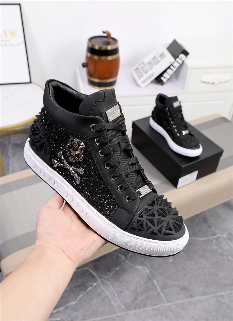 Men's black leather high top skeleton shoes with lace-up closure and rubber sole