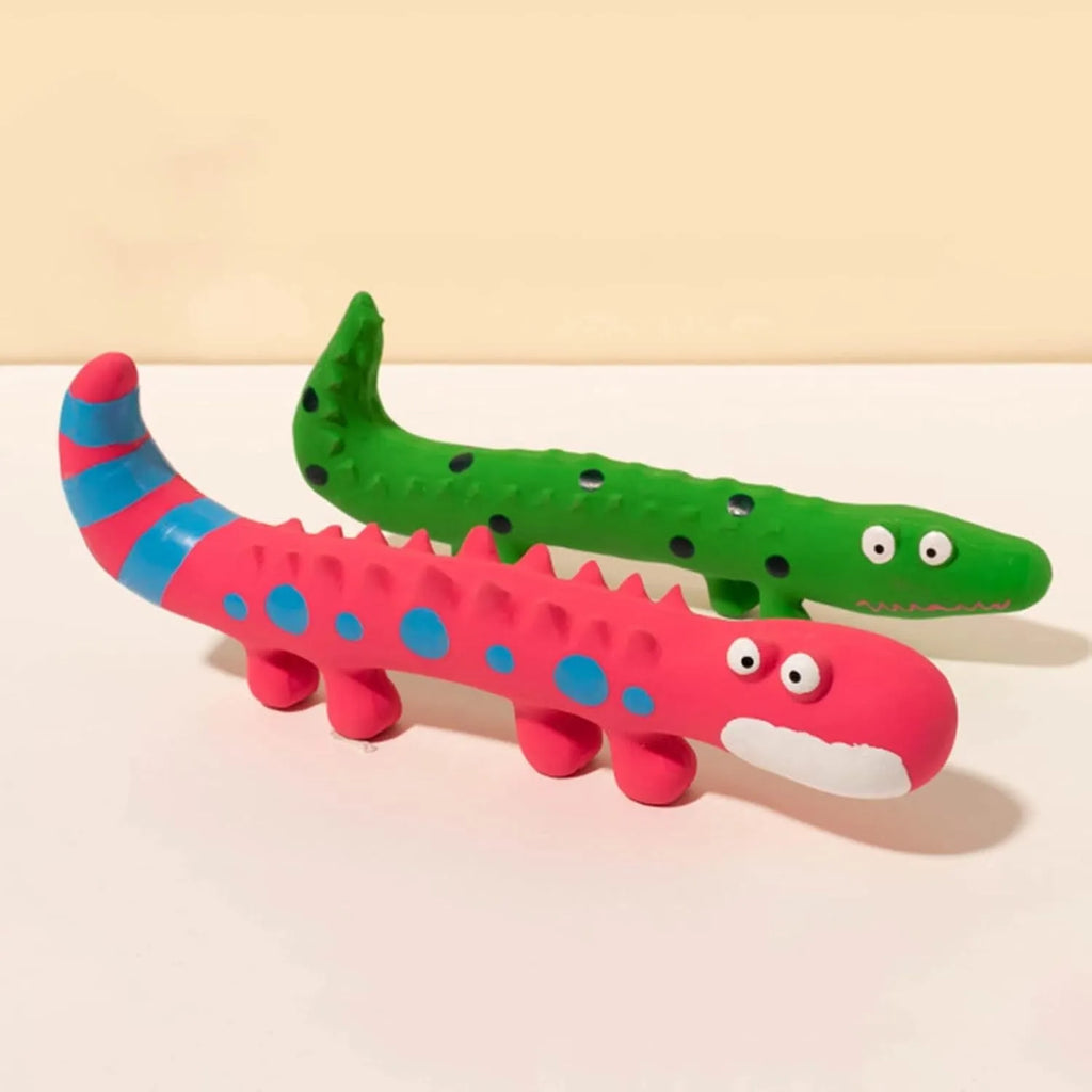 Green cartoon lizard-shaped dog chew toy with squeaker for aggressive chewers