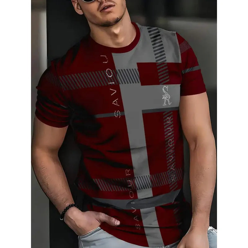 Men's loose fit short sleeve T-shirt with digital 3D printed stripe pattern in polyester fabric