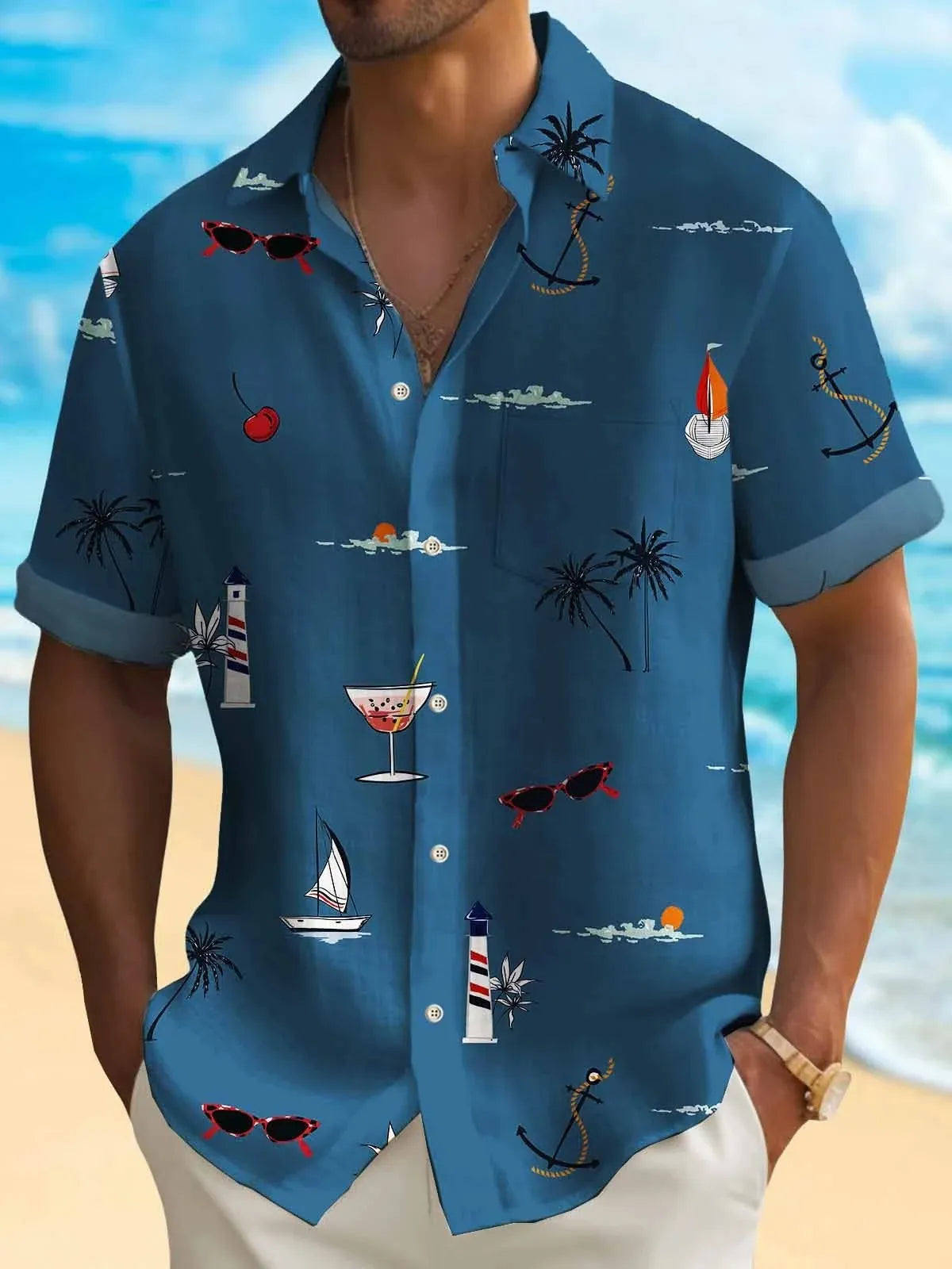 Man wearing a loose fit, short sleeve Hawaiian shirt with a colourful digital print pattern.