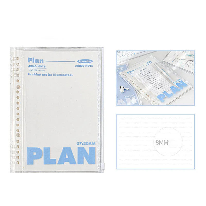 A5 PVC can store spiral notebook in blue or white with clear front showing loose pages