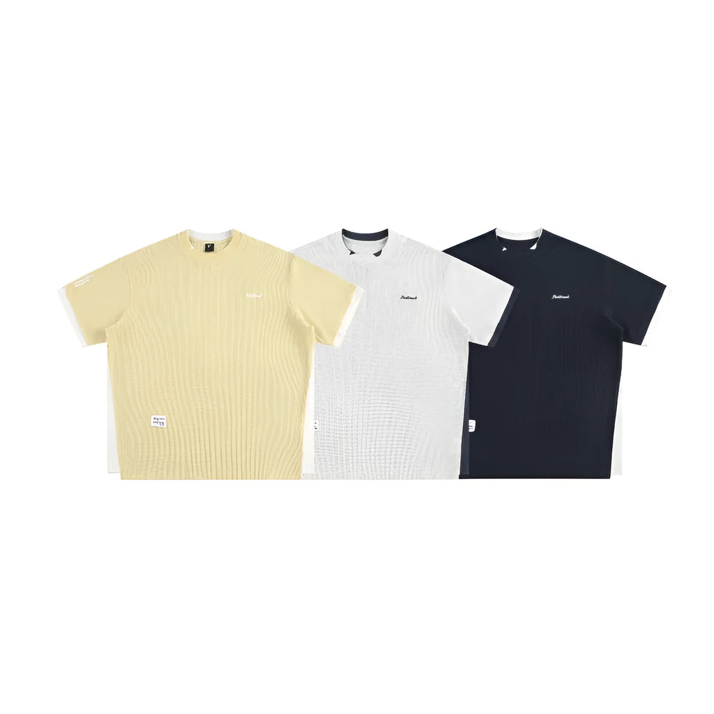 Retro alphabet embroidered loose waffle T-shirt in navy blue, white flower grey, or yellow colours