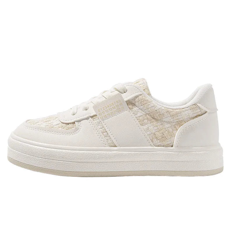 Beige platform sports board shoes with plaid pattern, mesh lining, and rubber sole