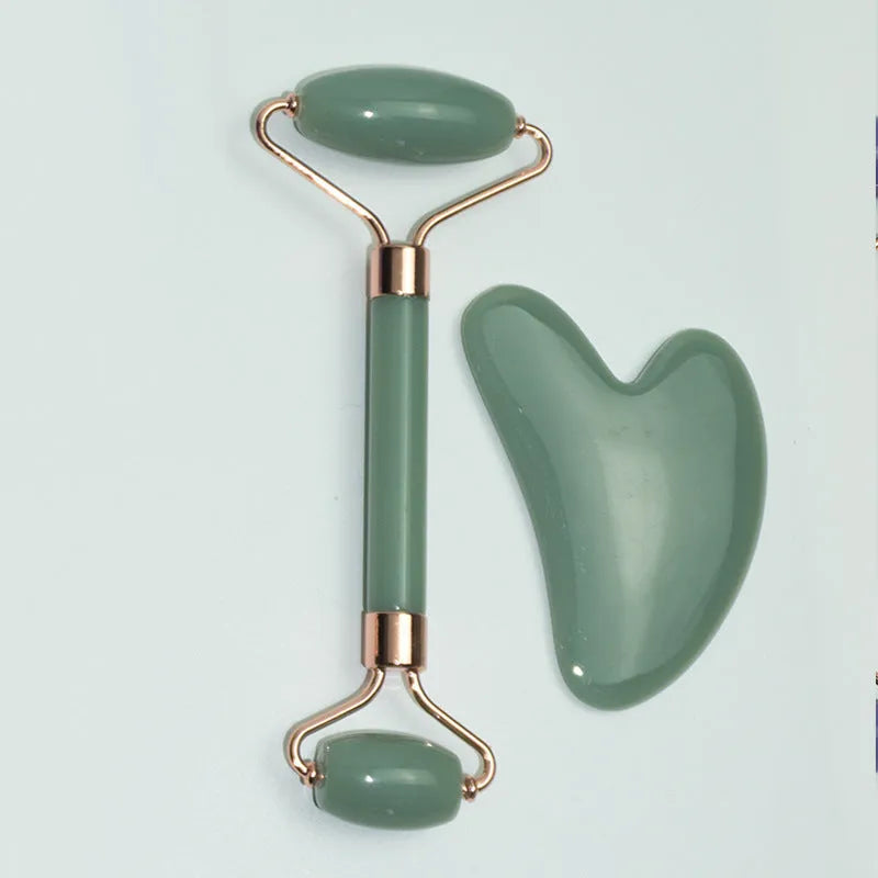 Stainless steel facial massage set with double-headed roller and heart-shaped scraping plate
