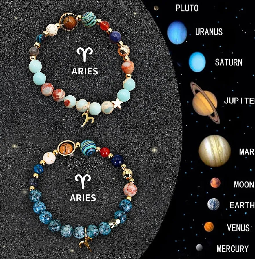 Set of two natural stone beaded bracelets showing zodiac sign charms on a wooden surface.