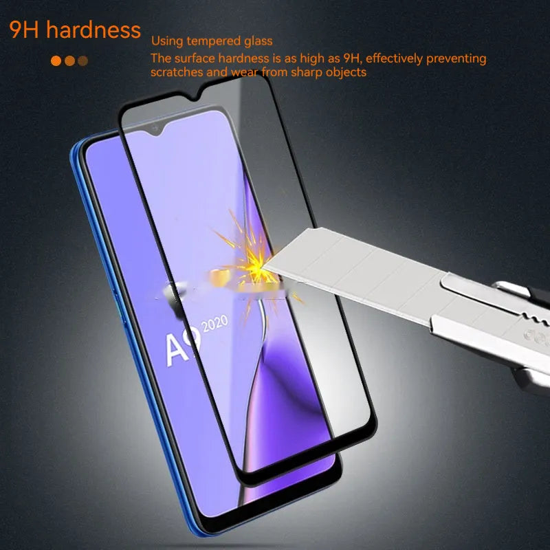 OPPO A9 2020 full screen tempered glass protector with black colour options and anti-fingerprint coating