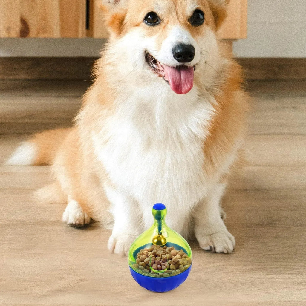Blue tumbler-shaped interactive pet treat dispenser toy for dogs and cats