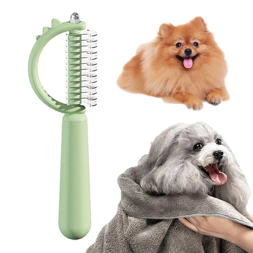 Dinosaur-shaped self-cleaning cat brush with stainless steel bristles in blue, green or white
