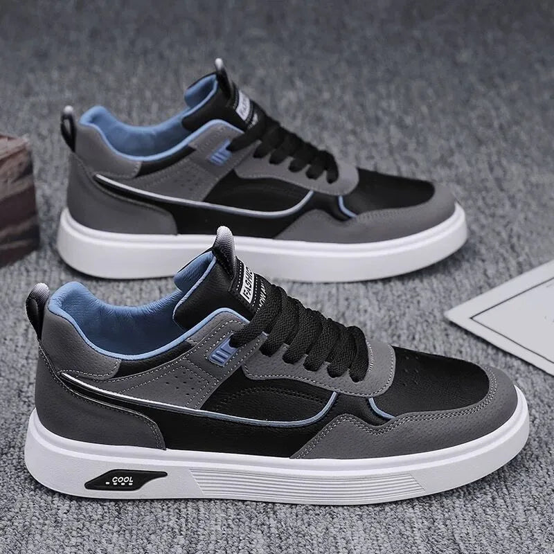 Men's low-top canvas board shoes in beige with leather stitching detail