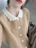 Floral pattern knitted cardigan coat with a Peter Pan collar in grey colour.