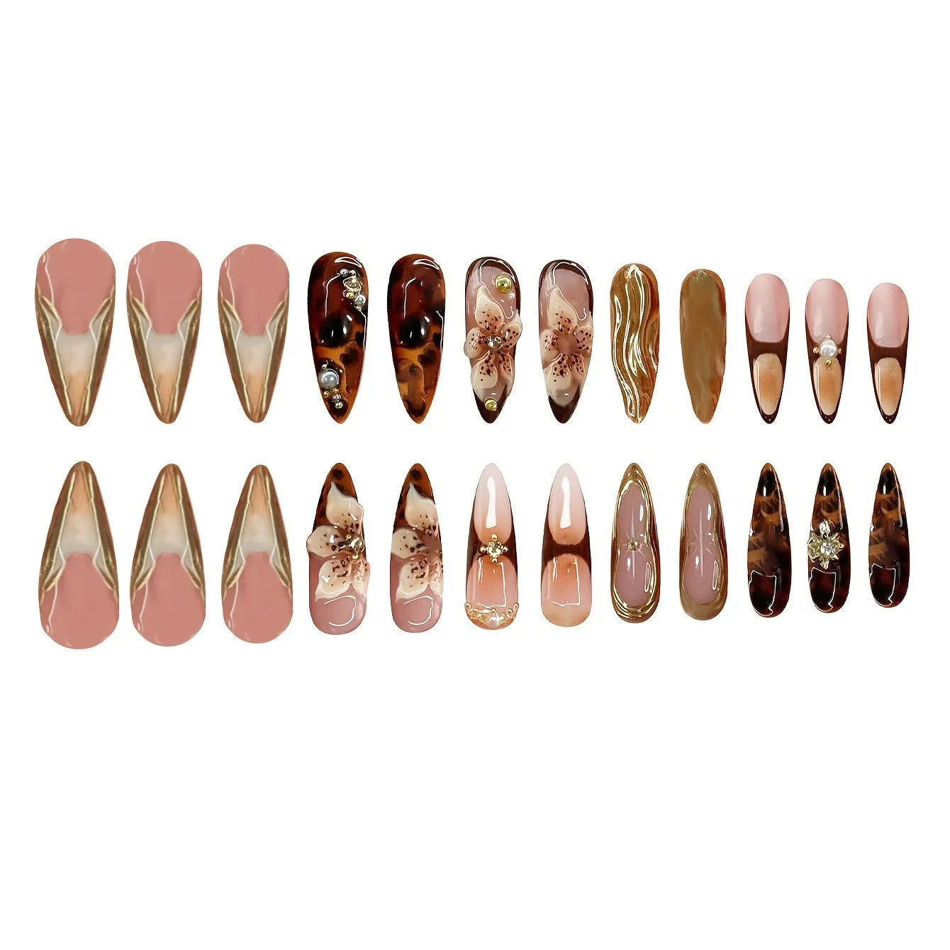 Women's press-on nails with sparkling floral design in colour XM325, medium length