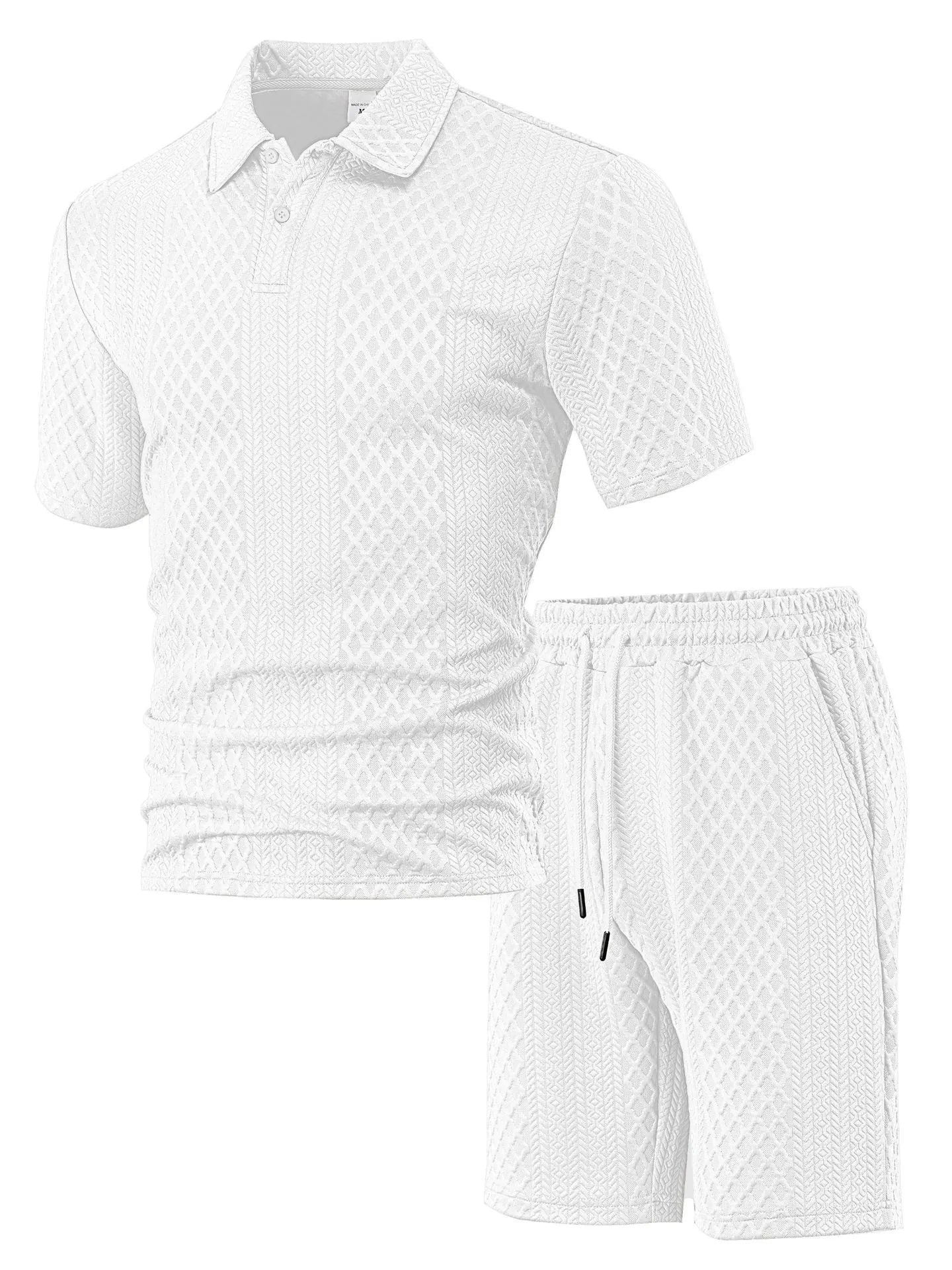 Men's patterned cloth casual suit with short sleeve polo top and matching trousers in multiple colour options