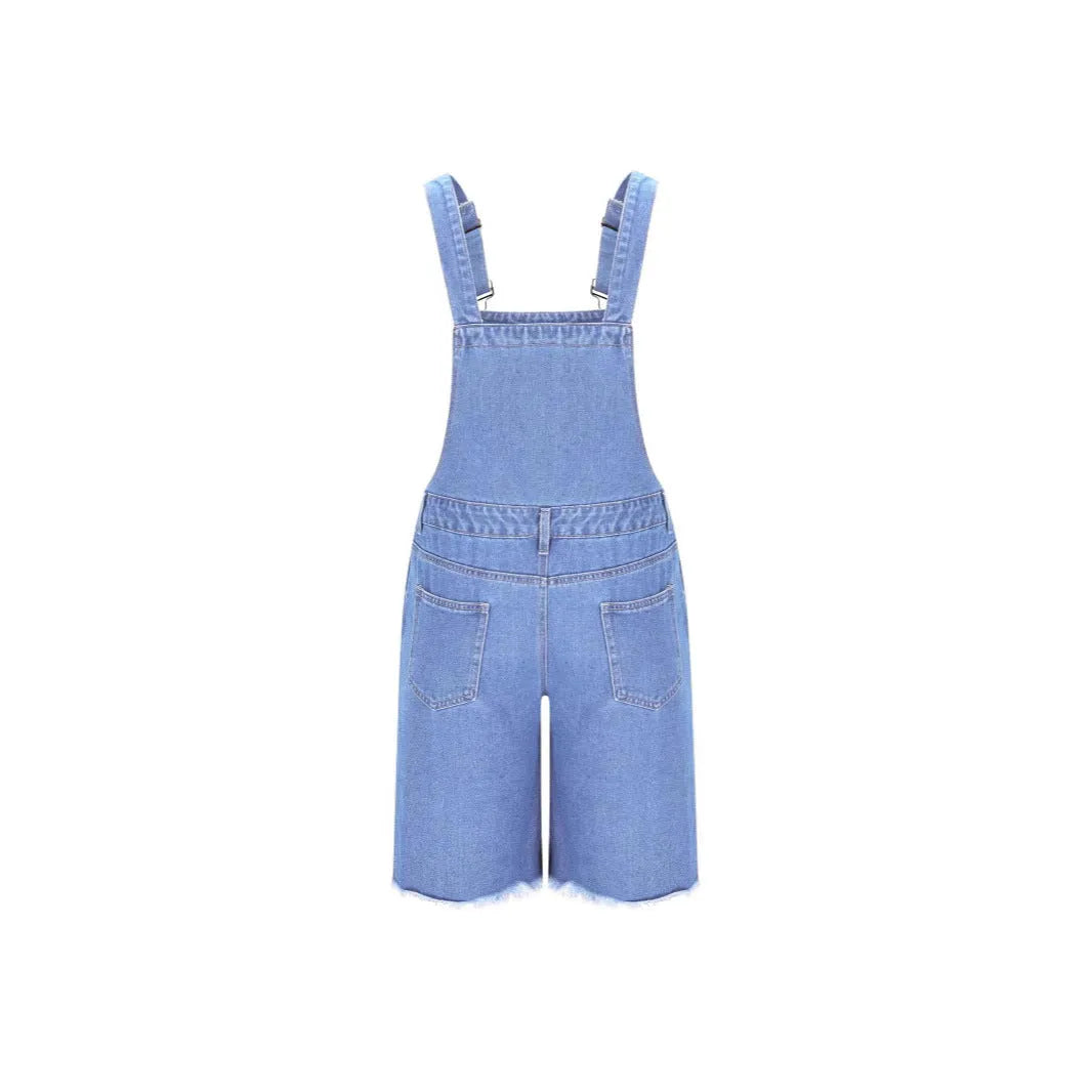 Men's ripped denim shorts with suspenders in straight-leg style, available in three colours