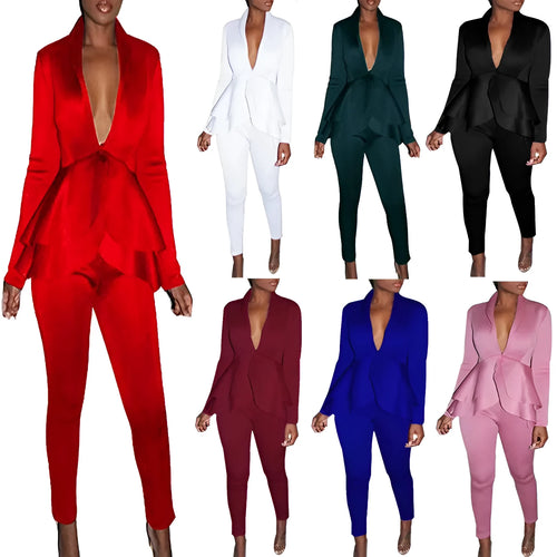 Ruffled air layer business shirt and pencil pants uniform set in multiple colour options
