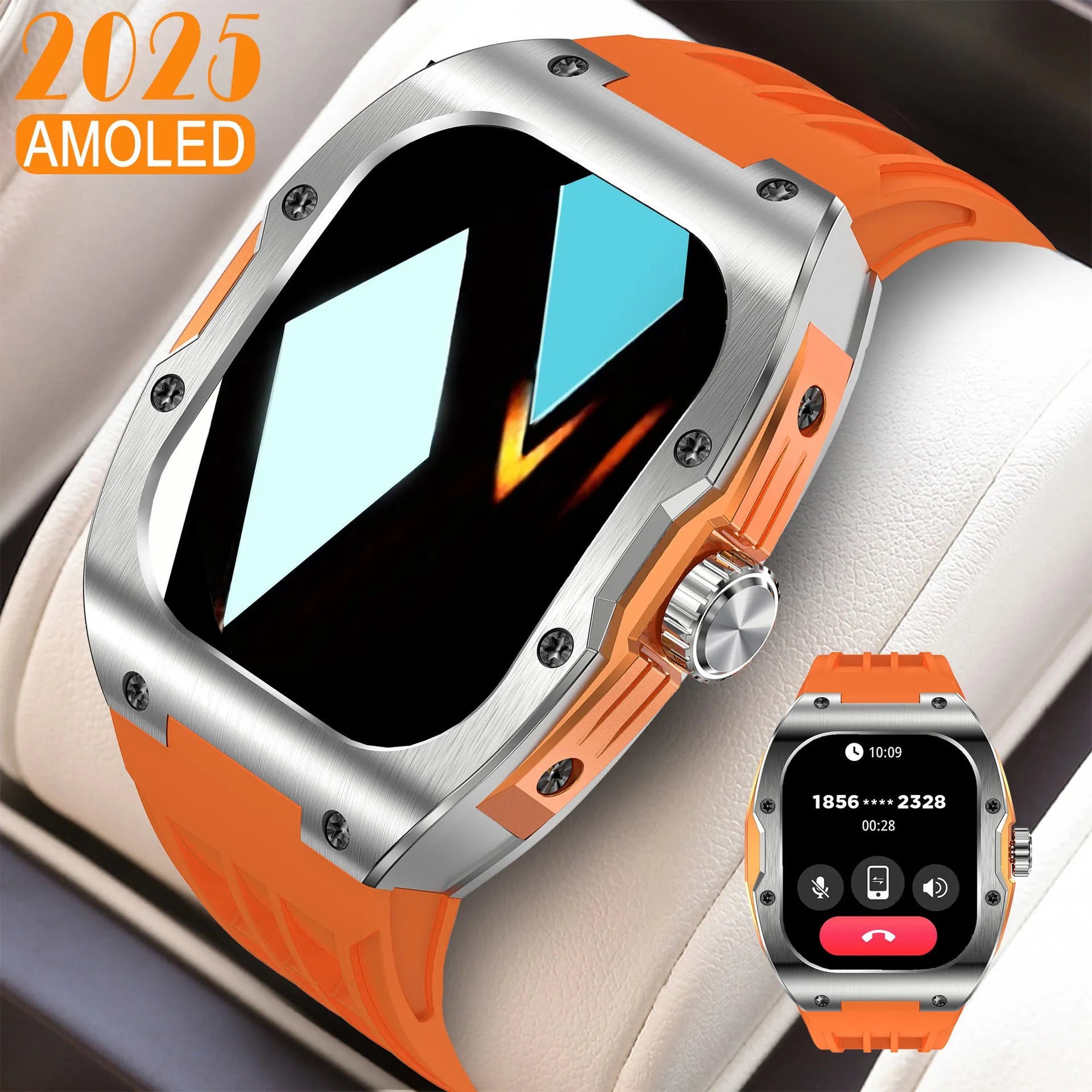 Smart watch fitness bracelet with AMOLED touch screen and black blue tape strap showing Bluetooth calling interface