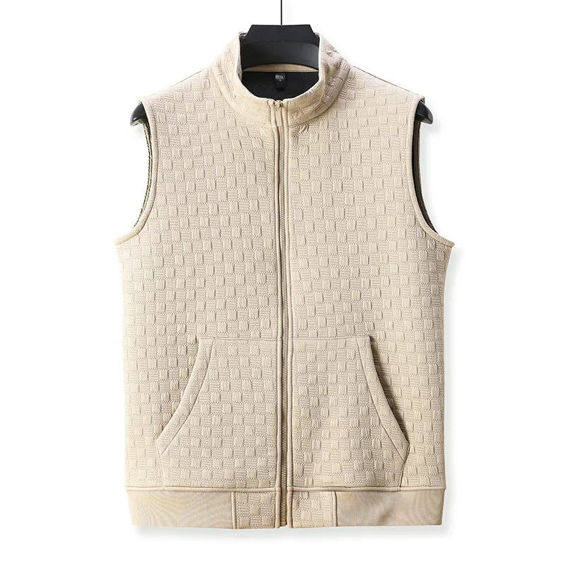 Men's casual sleeveless vest waistcoat in a cardigan style, shown in black, brown, khaki, or grey.