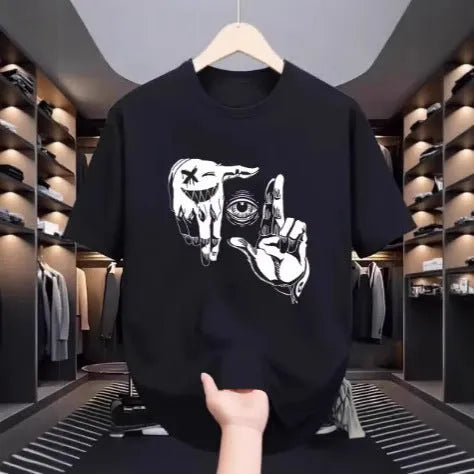 Men's mesh t-shirt with cartoon print design in multiple colour options showing round neck and short sleeves