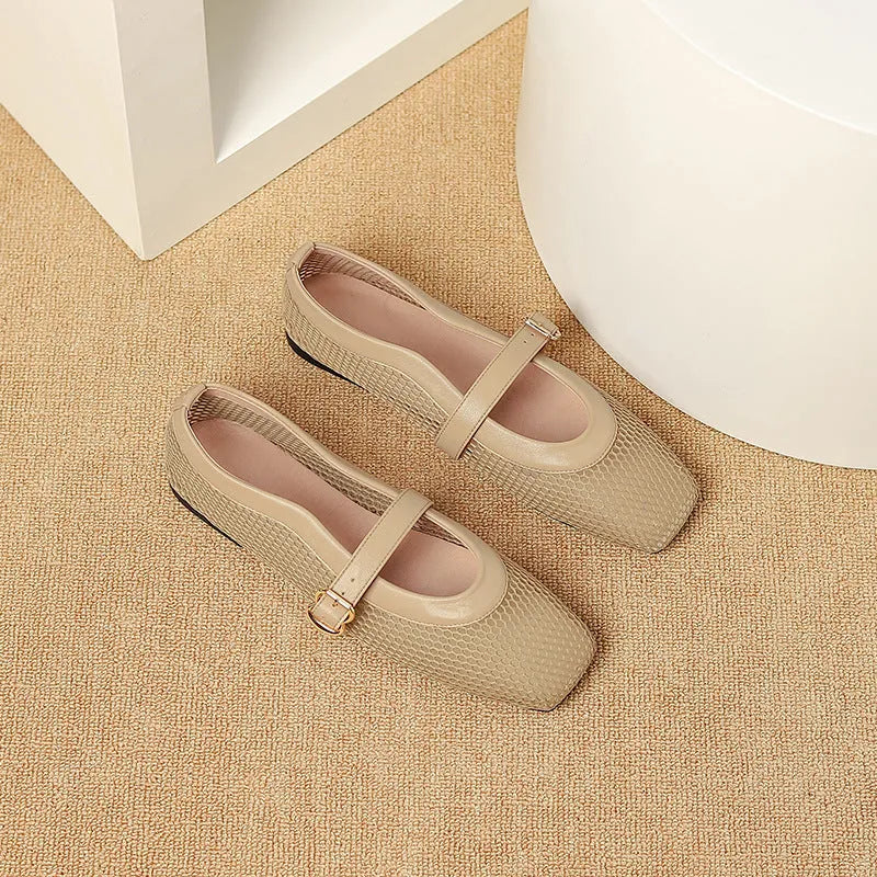 Women's beige mesh pump with square toe and adjustable buckle on flat heel.