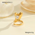 Geometric stainless steel zircon ring with open mouth design on a hand.