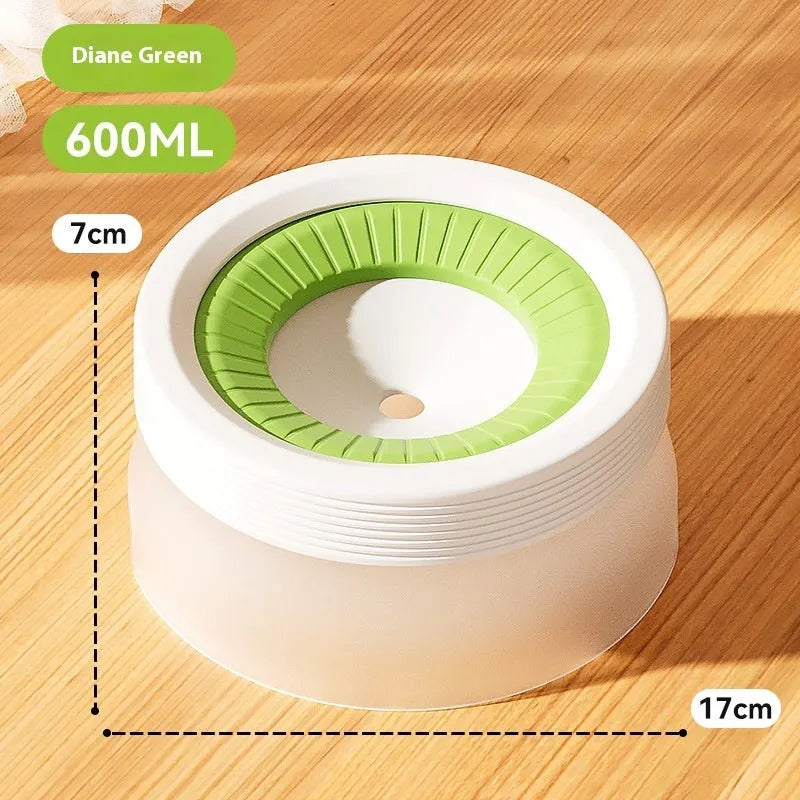 Green suspended non-spill water bowl for dogs and cats, showing the elevated bowl above the base plate