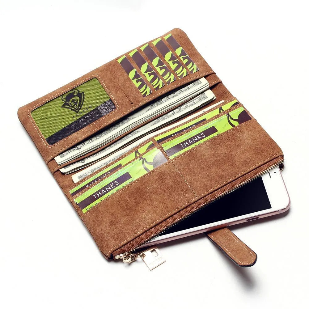 Korean style retro long women's wallet open showing multiple compartments and phone pouch
