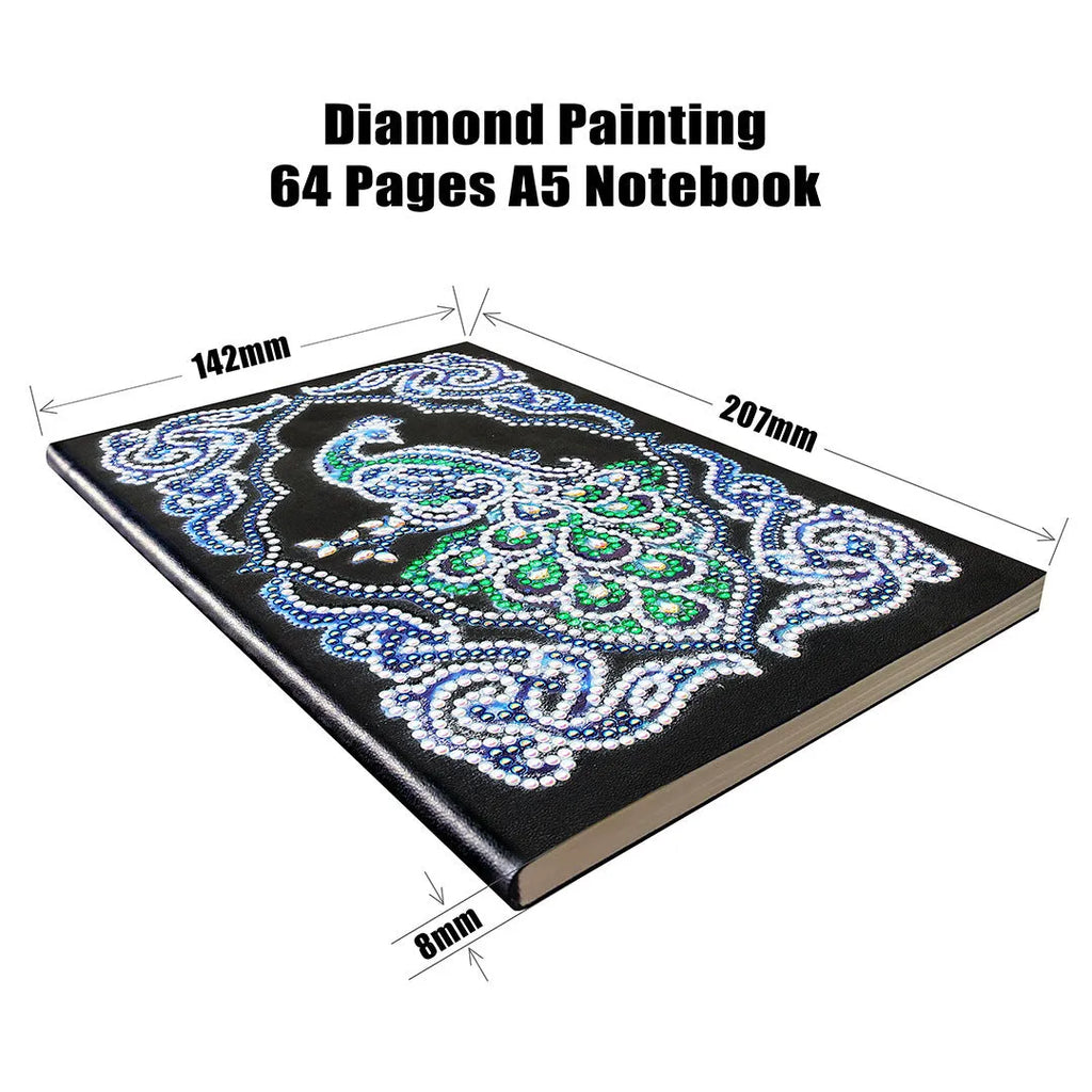 Black A5 diamond painting notebook with peacock design featuring shaped and bright drill rhinestones
