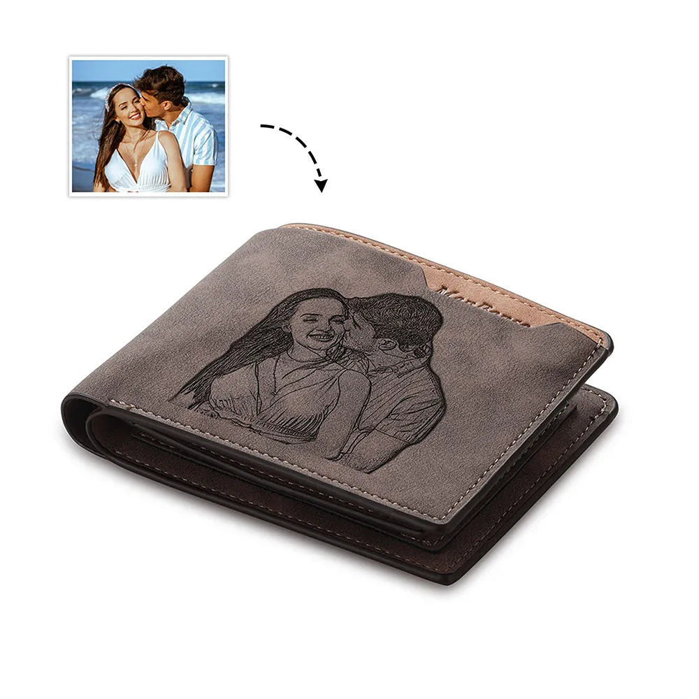 Coffee brown personalised photo engraved horizontal short wallet showing custom design