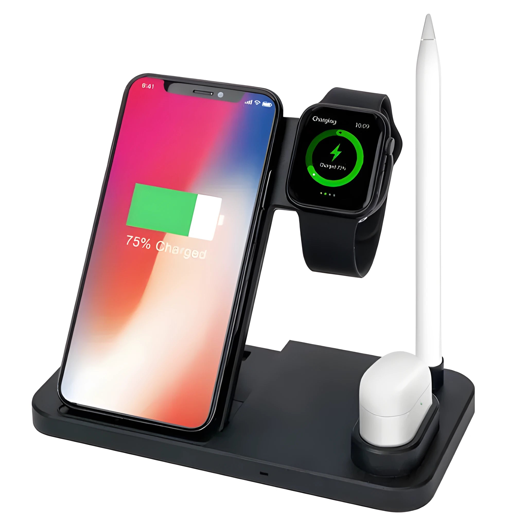 4-in-1 wireless charging station with adjustable phone stand charging multiple devices