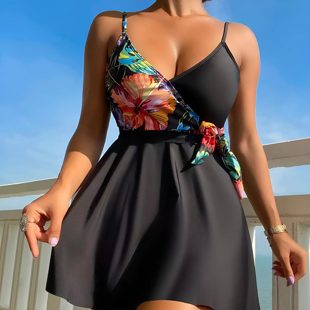 Black women's high waist briefs with a printed split bikini design for swimming and sports.