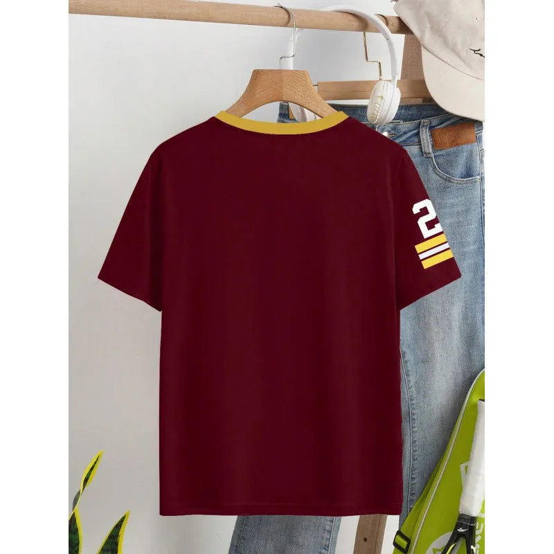 Loose fit cotton t-shirt with digital contrast colour printing in red or green options