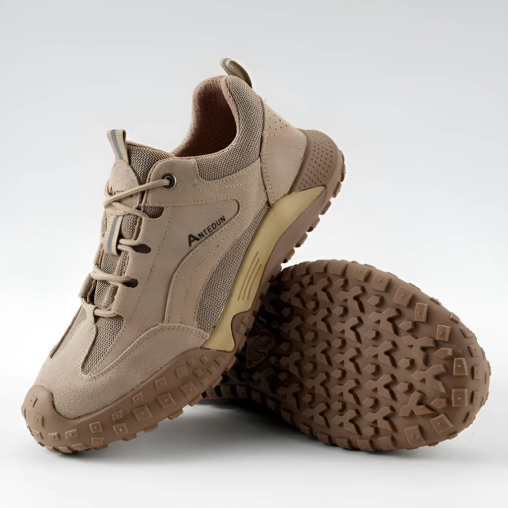 Men's khaki suede canvas safety shoes with plastic steel toe cap and rubber sole