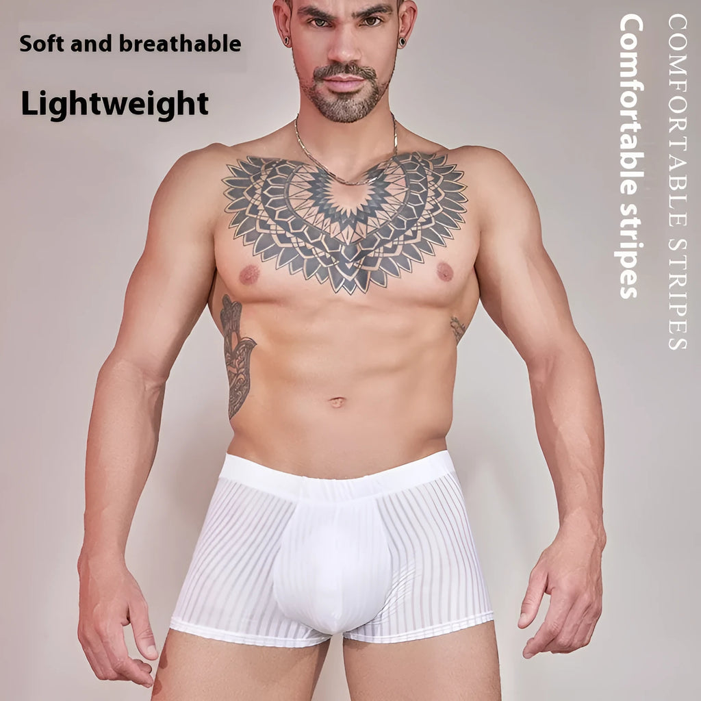 Men's striped thin nylon underwear in black, shown flat.