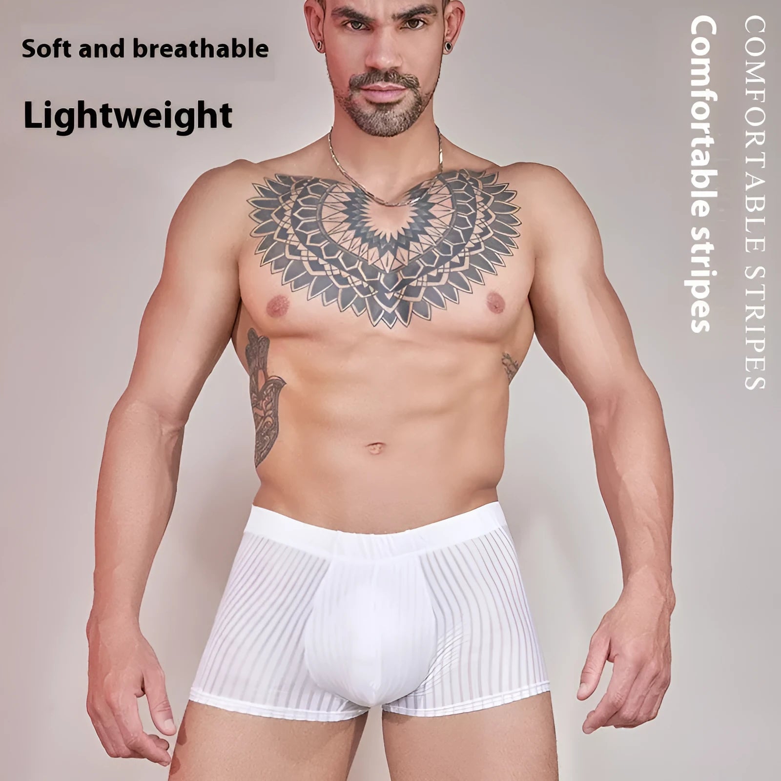 Men's striped thin nylon underwear in black, shown flat.