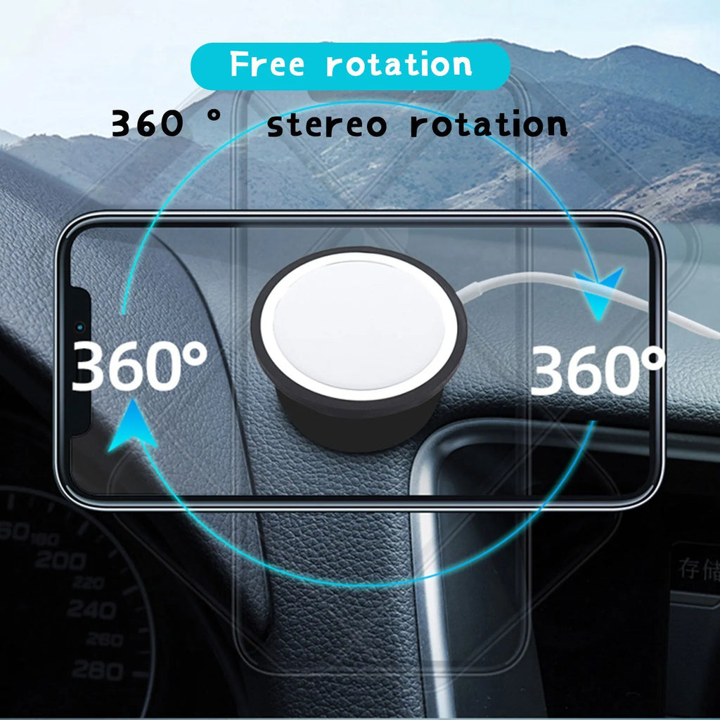 Black plastic car mobile phone holder with magnetic snap-in attachment for dashboard or air vent mounting