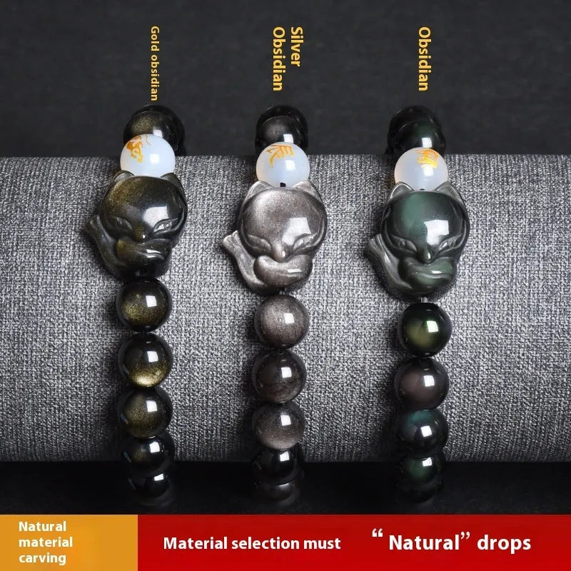 Natural obsidian stone bracelet with 10mm beads shown in gold, silver, and plain black style variations.