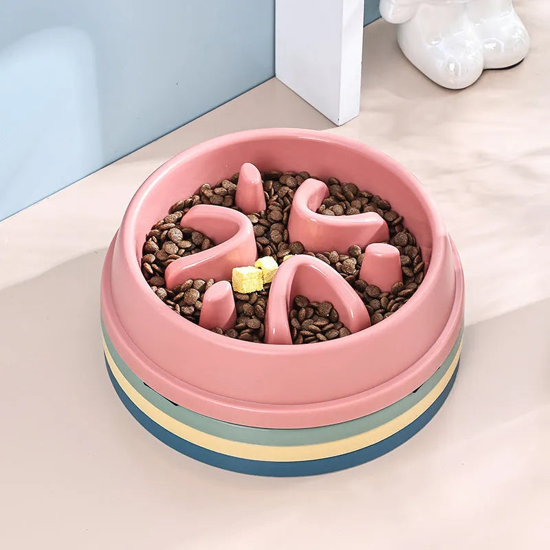 Slow food non-slip anti-tumble plastic pet bowl in blue circular section style