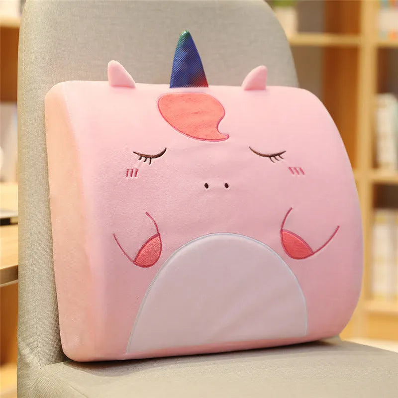 Car seat back cushion with removable memory foam core and cartoon print design options.