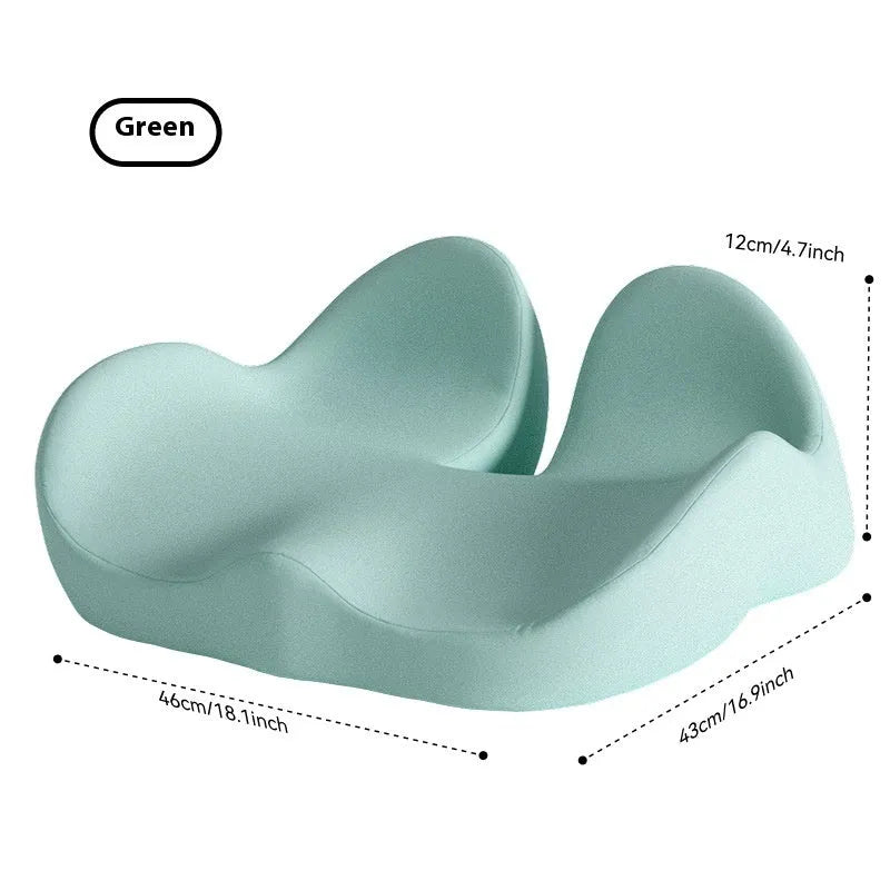 Memory foam office chair seat cushion in light grey colour showing dimensions of 46x43x12cm
