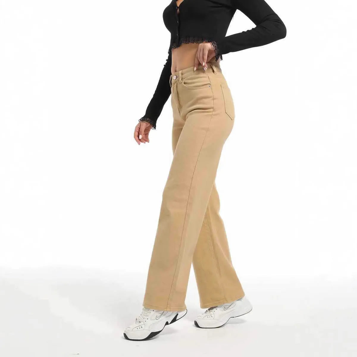 Women's high waist straight leg jeans in apricot and khaki colours