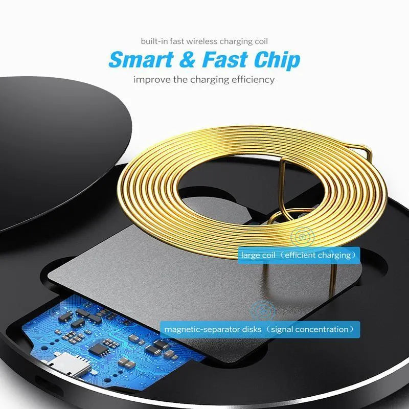 Black square ultra-thin wireless charging pad for smartphones with fast 9V Qi charging.