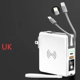 PD20W fast power bank with wireless charging and built-in plug in black or white colours