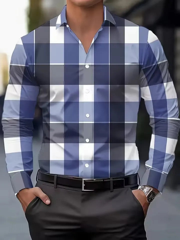 Men's black and blue striped long sleeve shirt with a button lapel collar on a hanger.
