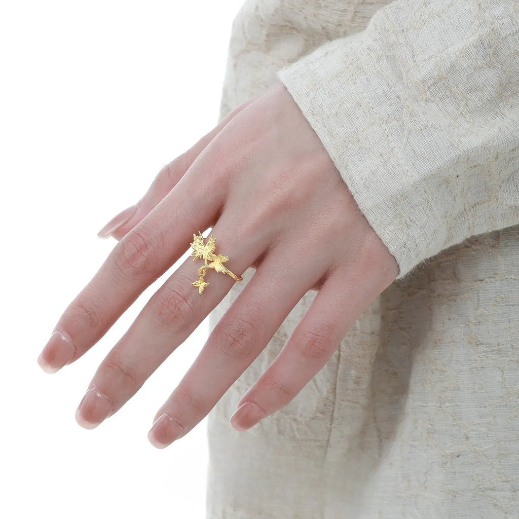 Adjustable silver butterfly ring for women in white gold or 18K gold colour finish.